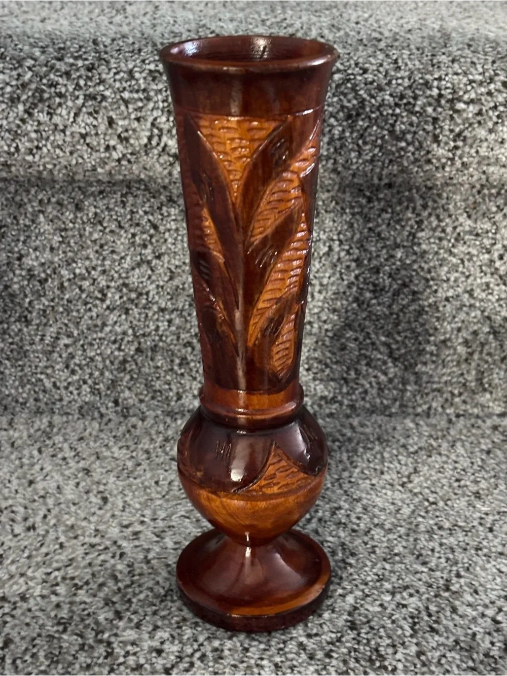 MCM Carved Wood Bud Vase, Hand Carved Floral Relief, Turned Baluster Foot